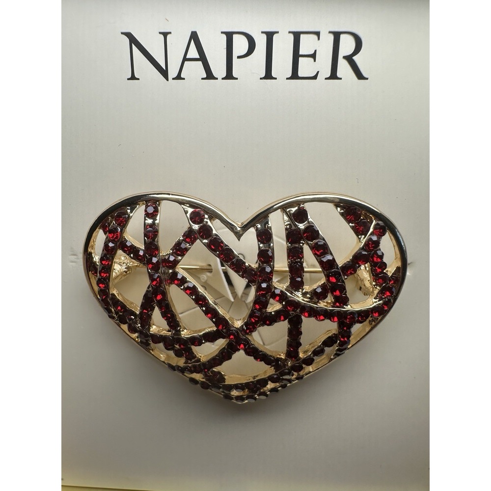Napier Gold Tone Red Lattice Heart Pin Brooch Pre-Owned Original Box